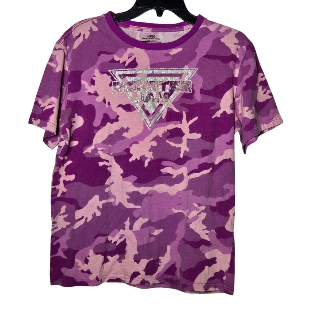 Monster Jam Womens Purple Pink‎ Camo Short Sleeve Rhinestone T-Shirt Size Large